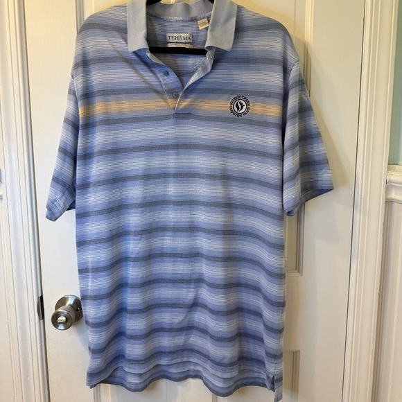 TEHAMA Blue Striped Polo Shirt Classic Style with Silver Creek Country Club Logo - Picture 1 of 9
